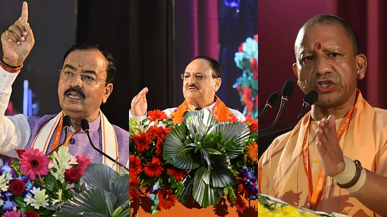 (L-R) | Keshav Prasad Maurya, JP Nadda and Yogi Adityanath | - X/@BJP4UP